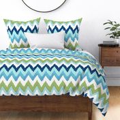 Watercolor Ikat Chevron in Green and Blue Fusion