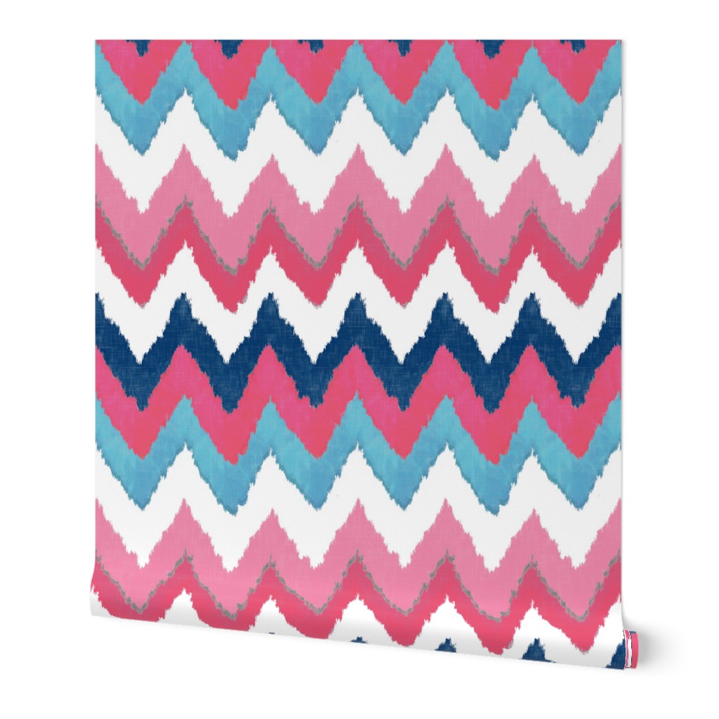 Watercolor Ikat Chevron in Navy, Fuchsia and Aqua