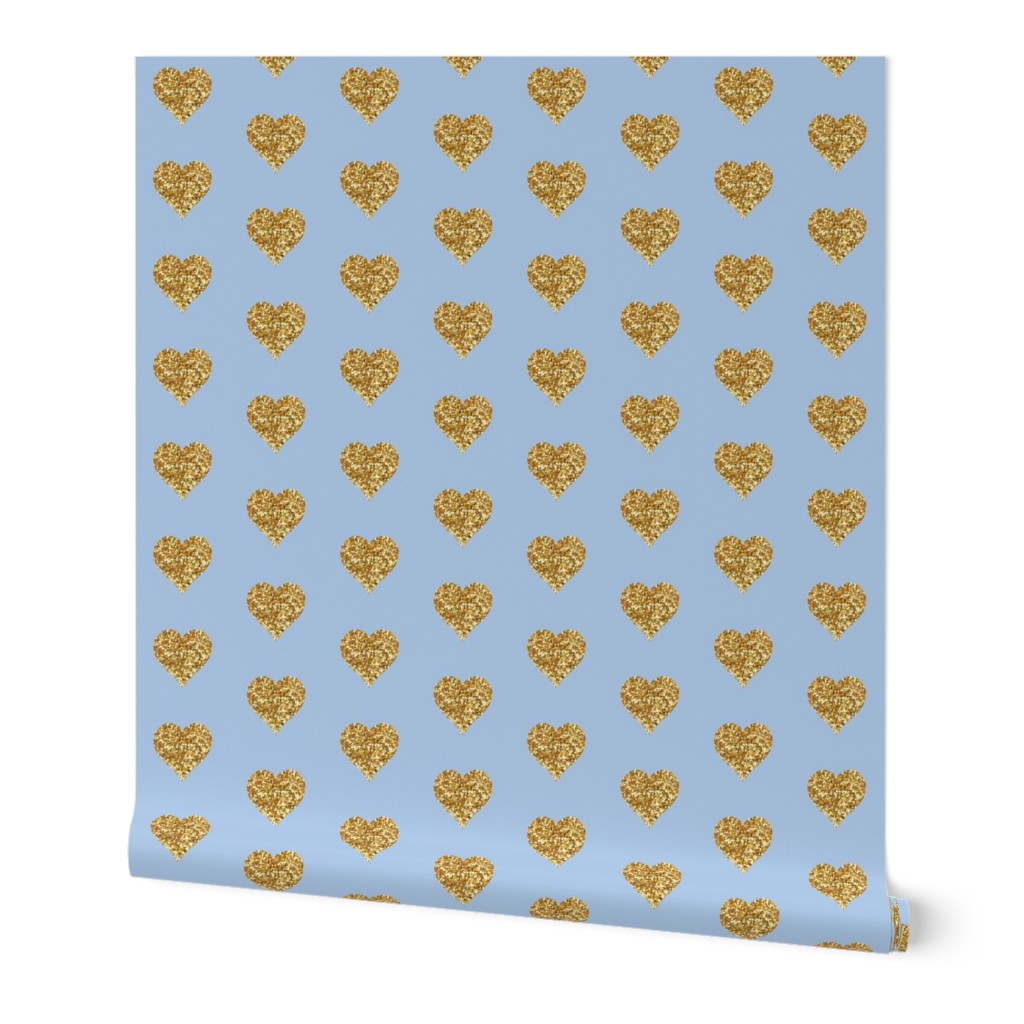 Gold Glitter Hearts on Blue