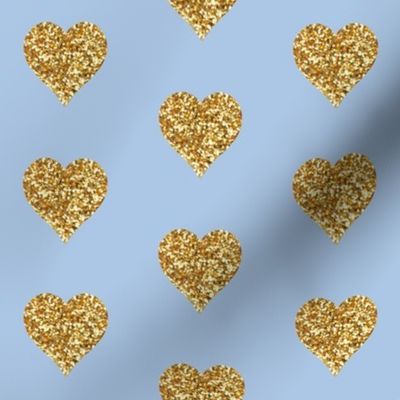 Gold Glitter Hearts on Blue