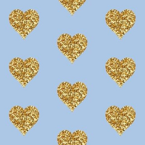 Gold Glitter Hearts on Blue