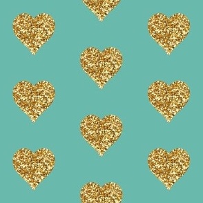 Gold Glitter Hearts on Teal