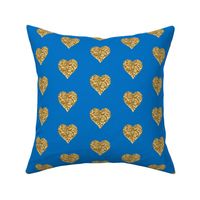 Gold Glitter Hearts on Blue