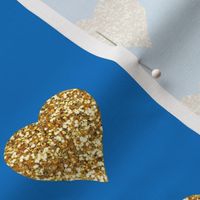 Gold Glitter Hearts on Blue