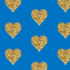 Gold Glitter Hearts on Blue