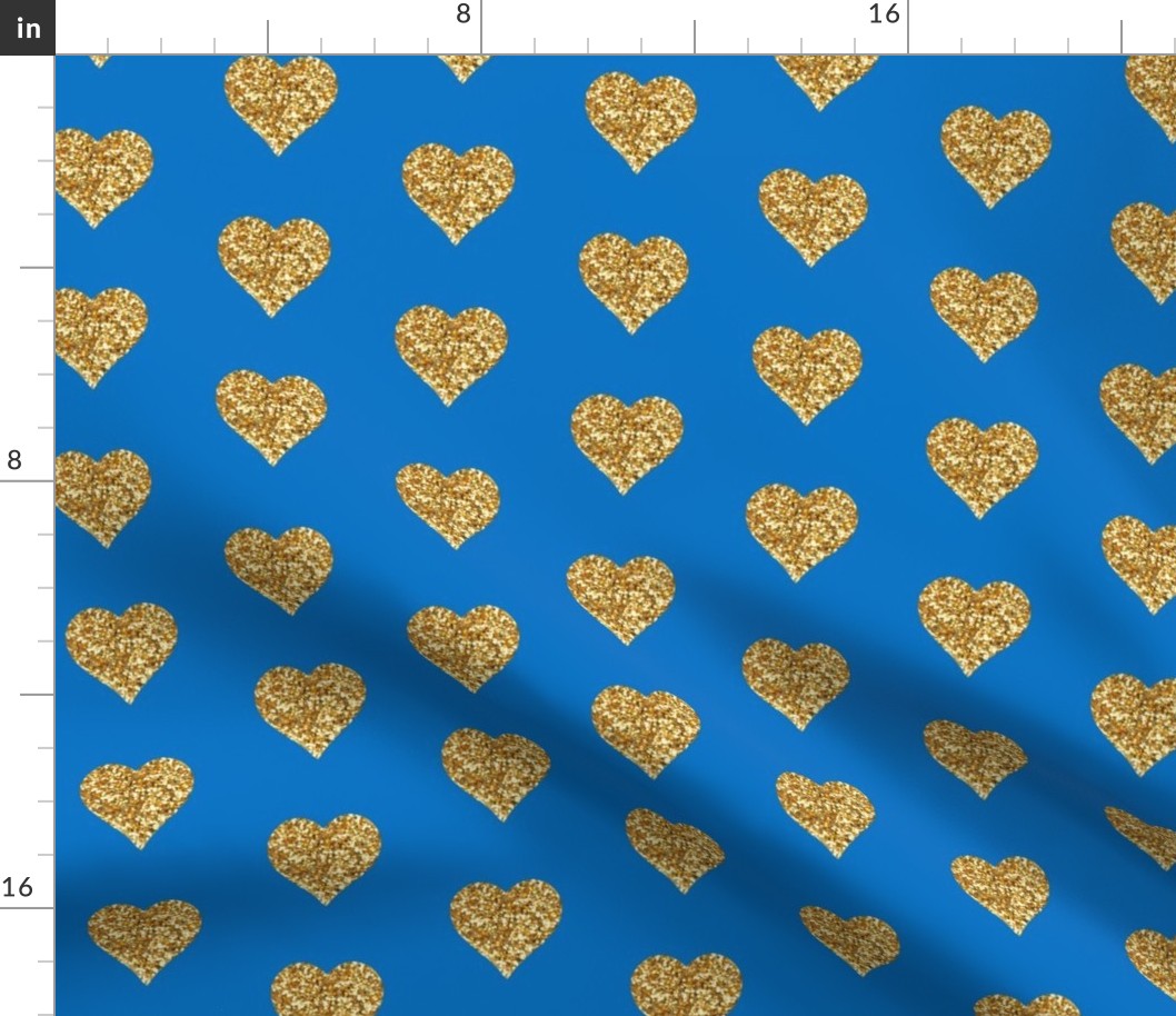 Gold Glitter Hearts on Blue