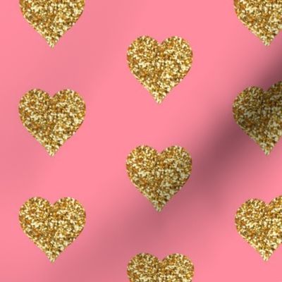 Gold Glitter Hearts on Pink