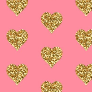 Gold Glitter Hearts on Pink