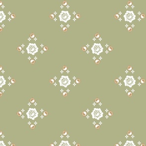 Geometric Florals, Modern Classic Flower Garden, Green, White Flowers, and Gold Circles Fabric, Large Scale