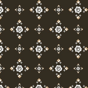 Geometric Florals, Modern Classic Flower Garden, Black, White Flowers, and Gold Circles Fabric, Large Scale