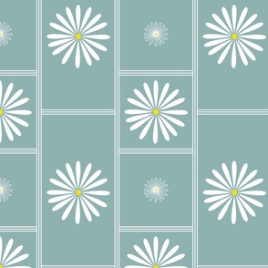 Large White Daisies Flowers Geometric on Blue Teal, Large Scale