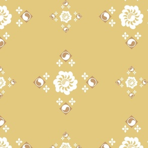 White Geometric Flowers with Gold Blocks Flower Garden in Golden Yellow, Large Scale 