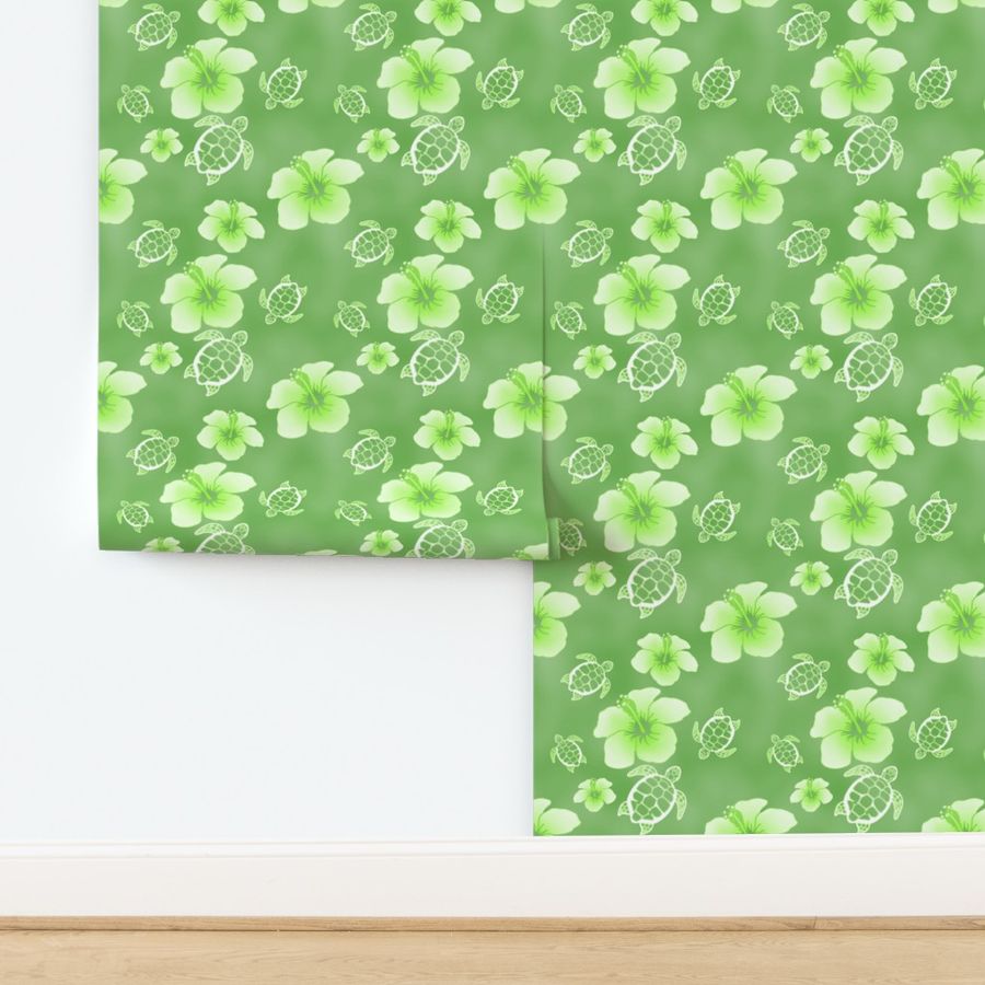 Soft Green Honu And Hibiscus Flowers