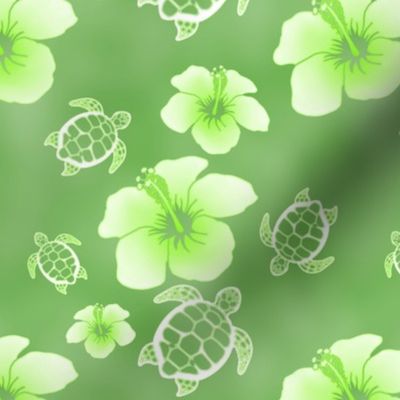 Soft Green Honu And Hibiscus Flowers