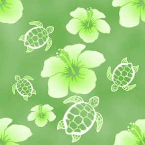 Soft Green Honu And Hibiscus Flowers