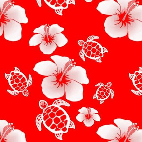 Red And White Honu And Hibiscus Flowers