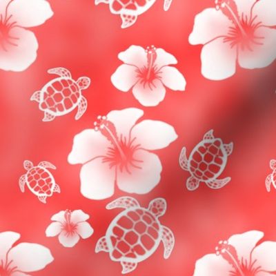 Soft Red Honu And Hibiscus Flowers