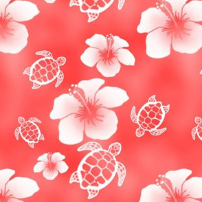 Soft Red Honu And Hibiscus Flowers