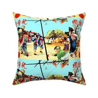 kids asian china chinese oriental chinoiserie new year children boys girls samfoo lion dragon dancers fire crackers villages drums cymbals trees dogs
