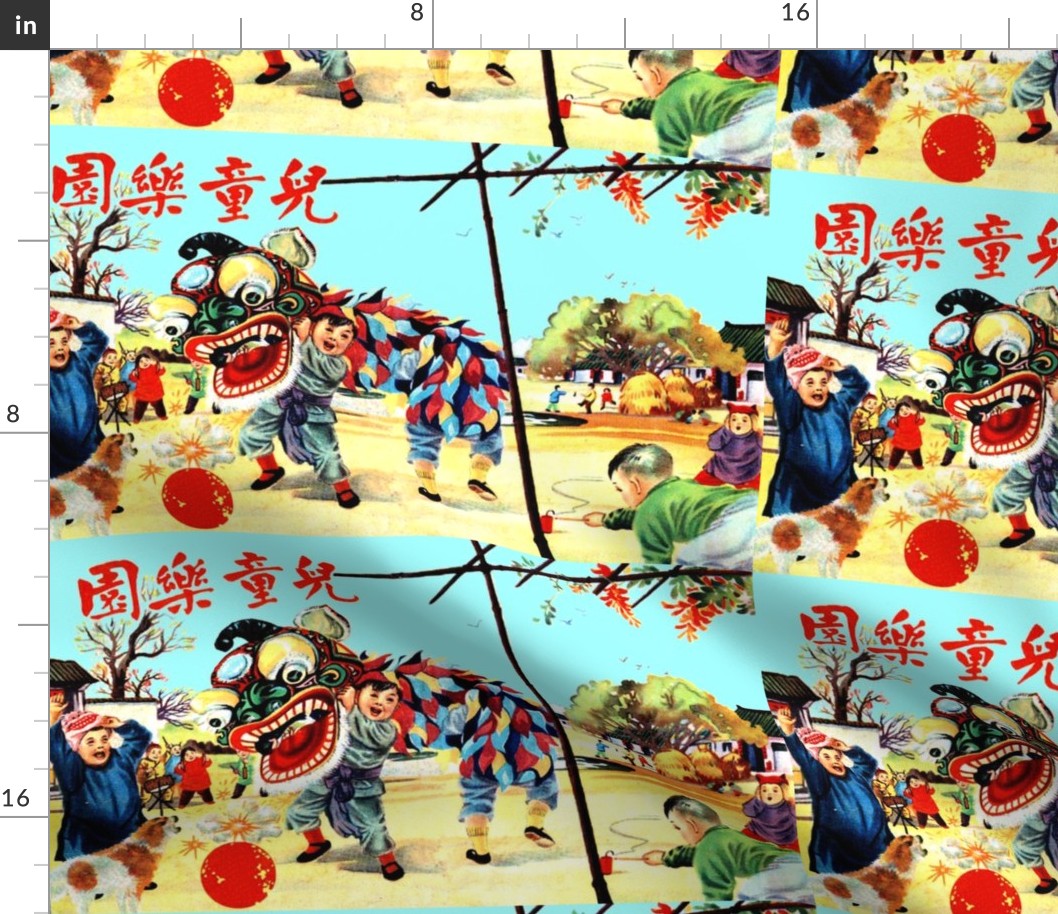 kids asian china chinese oriental chinoiserie new year children boys girls samfoo lion dragon dancers fire crackers villages drums cymbals trees dogs
