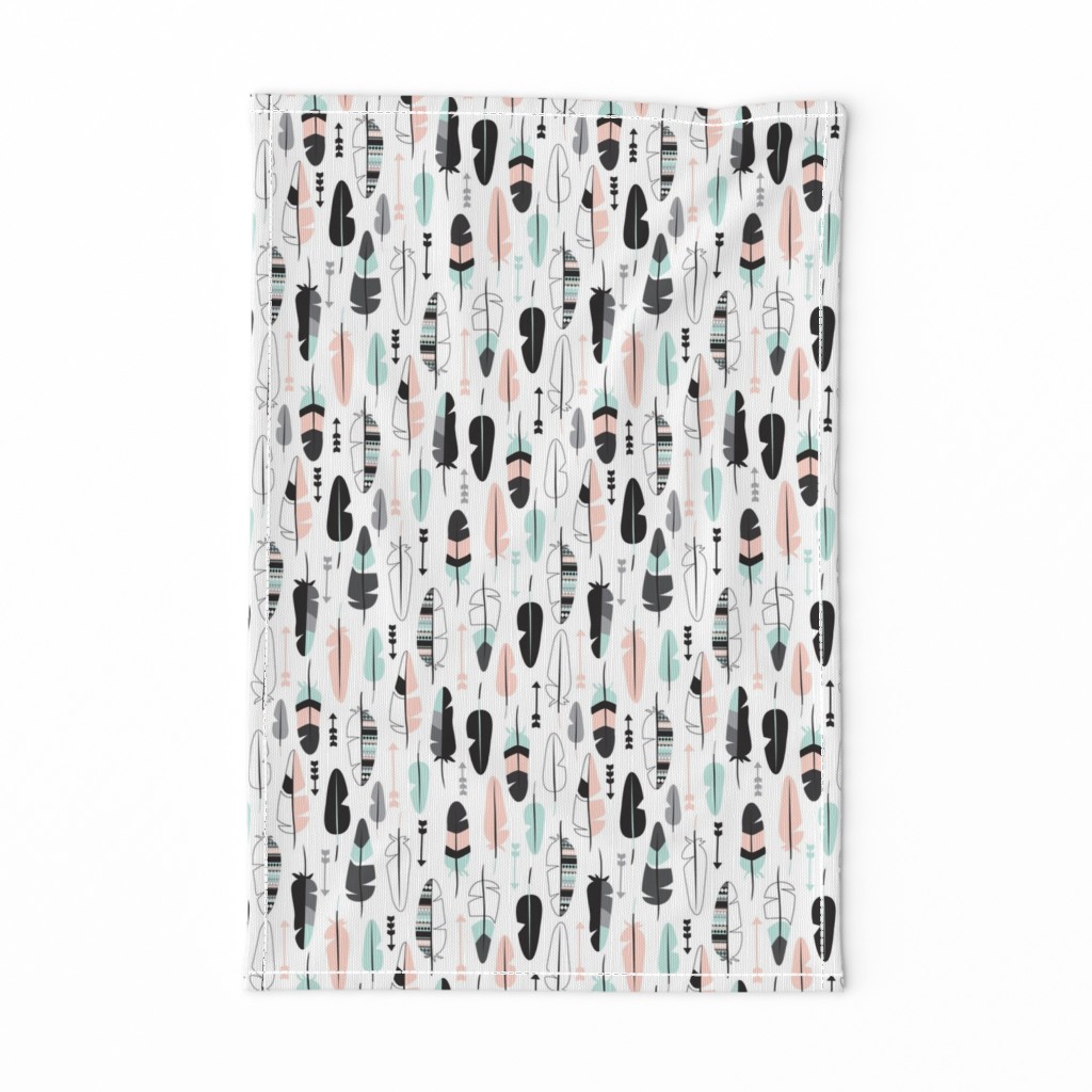 Geometric vintage feathers pastel arrows in mint and coral illustration pattern