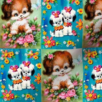 vintage retro kitsch dogs puppies whimsical Maltese ribbons flowers roses butterfly butterflies babies toddlers baby kids