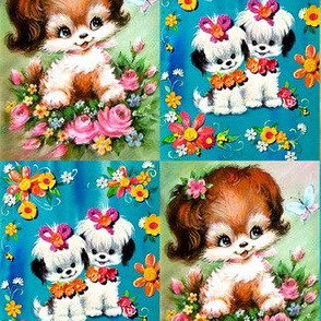 vintage retro kitsch dogs puppies whimsical Maltese ribbons flowers roses butterfly butterflies babies toddlers baby kids