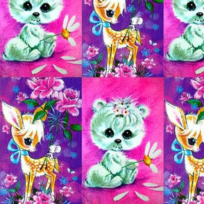 vintage retro kitsch whimsical animals deer doe fawn mouse rats mice roses bears daisy daisies flowers petals Bambi babies toddlers baby kids