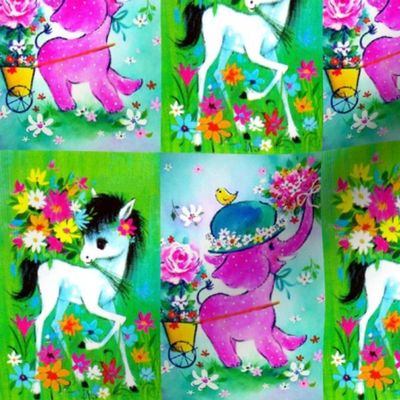vintage retro kitsch whimsical horses ponies pony pink elephants roses daisies daisy flowers birds butterflies hats babies toddlers baby kids