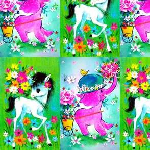 vintage retro kitsch whimsical horses ponies pony pink elephants roses daisies daisy flowers birds butterflies hats babies toddlers baby kids