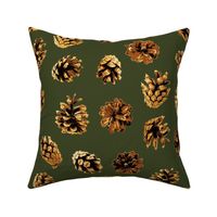 large pine cones Christmascolors browns on pine green