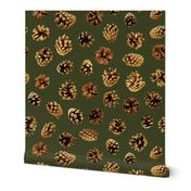 large pine cones Christmascolors browns on pine green