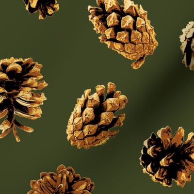 large pine cones Christmascolors browns on pine green