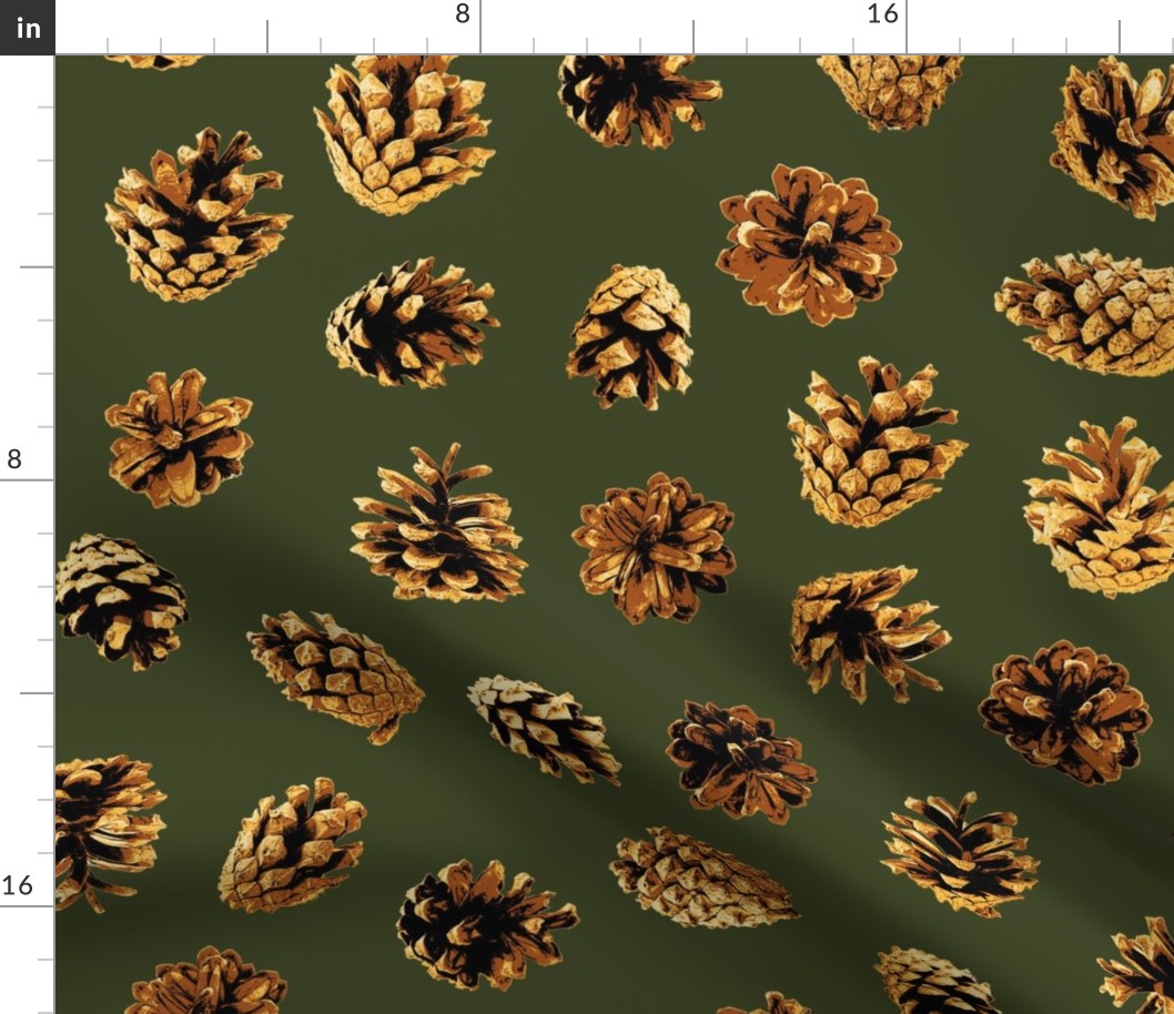 large pine cones Christmascolors browns on pine green