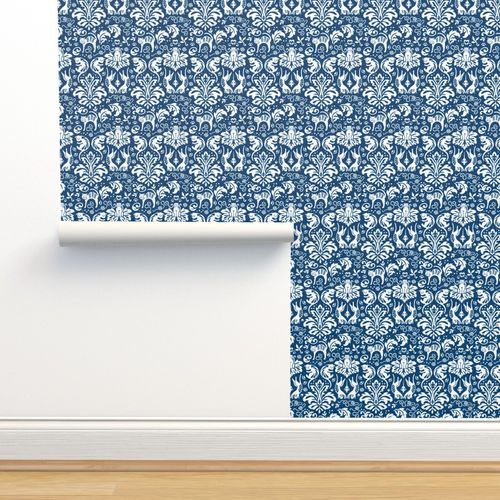 Damask Cats - BLUE Wallpaper | Spoonflower