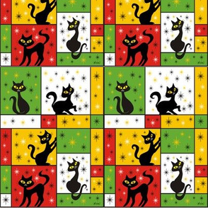 Composition with 5 Black Cats in Holiday Gift Wrap
