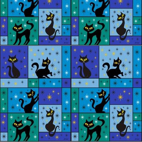 Composition with 5 Black Cats in Midnight Blue