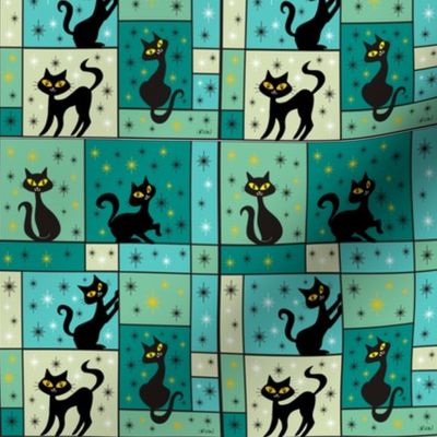Composition with 5 Black Cats in Tropical Pool