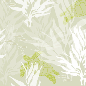 Sea Turtles and Kelp on Soft Green