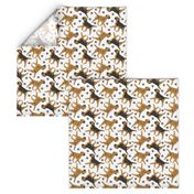 Trotting Border Terriers and paw prints - white