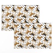 Trotting Border Terriers and paw prints - white