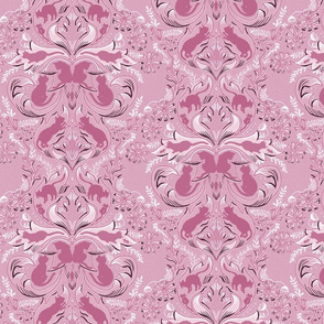 Cat Silhouettes Damask Pink