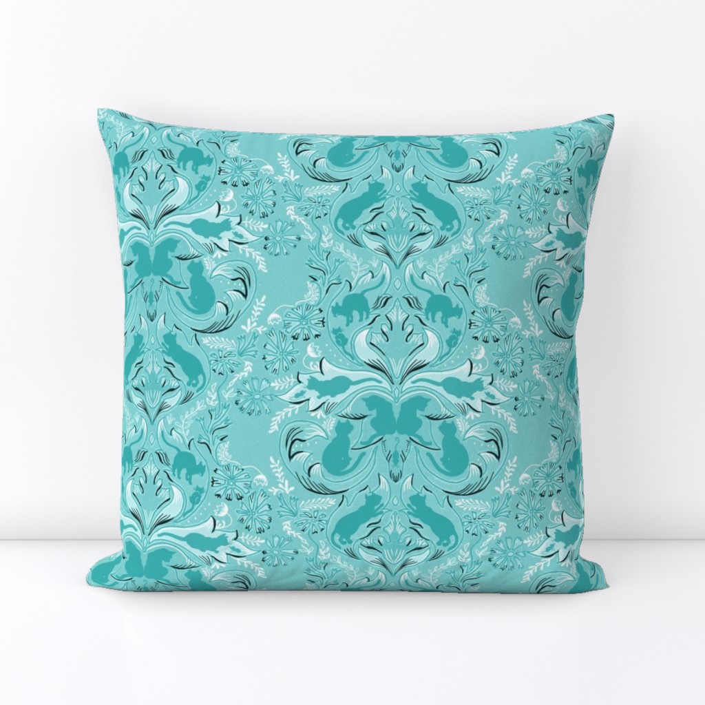 Cat Silhouettes Damask Teal