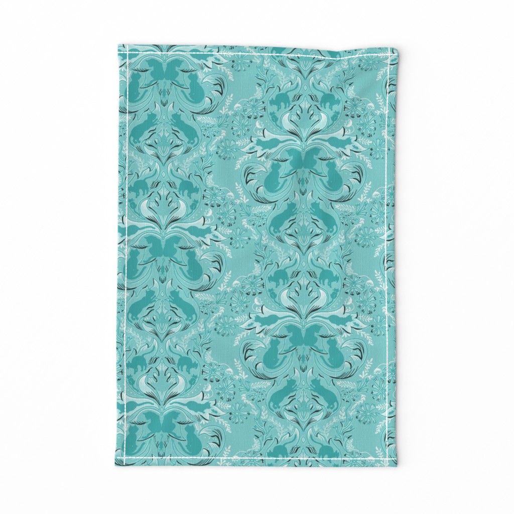 Cat Silhouettes Damask Teal