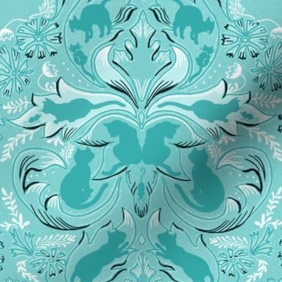 Cat Silhouettes Damask Teal