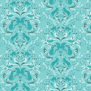 Cat Silhouettes Damask Teal