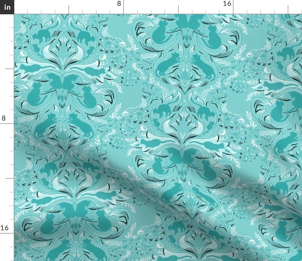 Cat Silhouettes Damask Teal