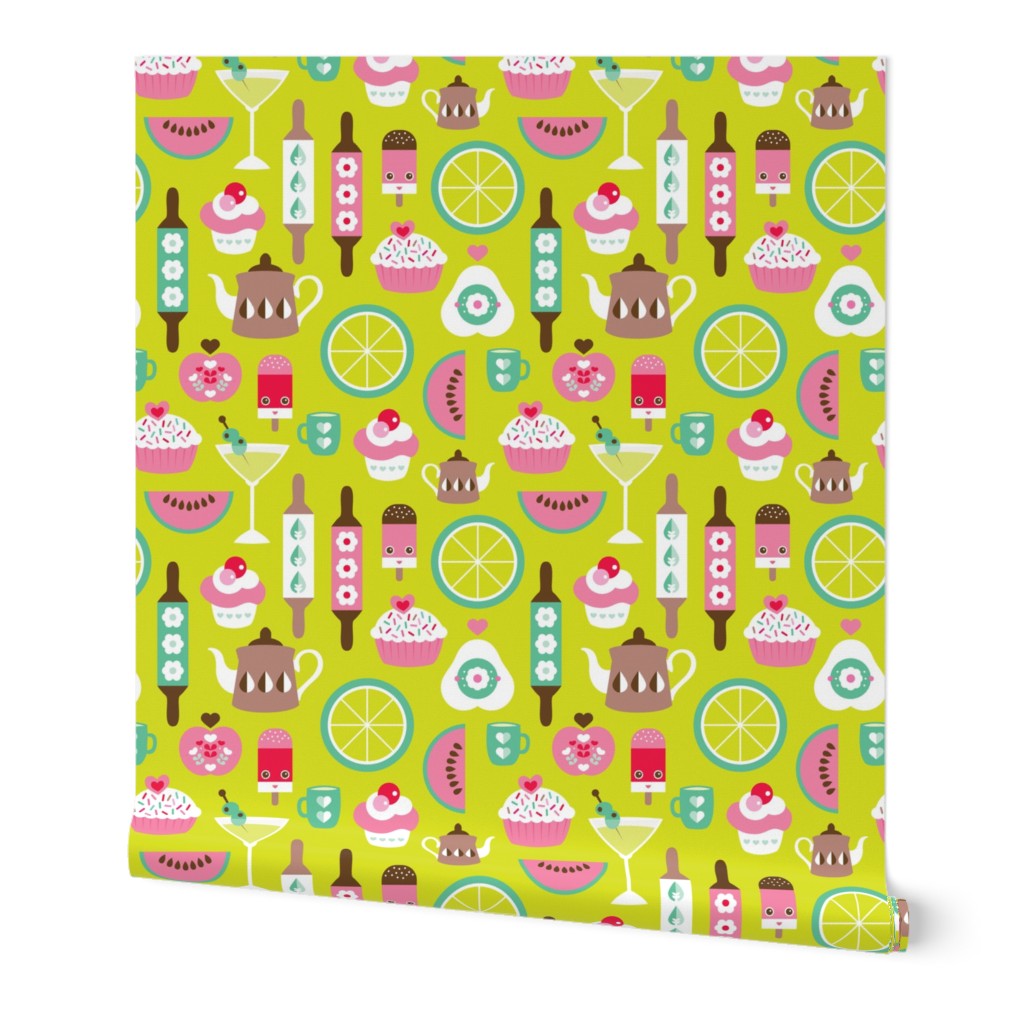 Retro kitchen food and bakery birthday party illustration print