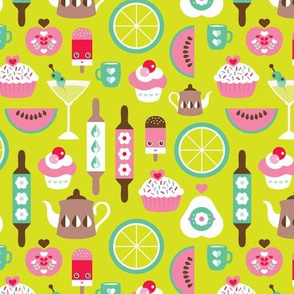 Retro kitchen food and bakery birthday party illustration print