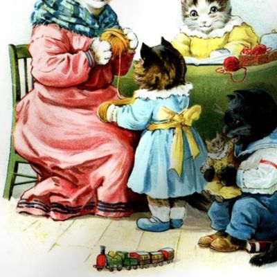 vintage kids kitsch cats kittens mothers children brothers sisters knitting wool dolls trains playing studying reading books family traditional bond